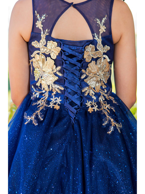 Girls Navy Satin Glitter Tulle Gold Lace Party Dress 2-16 - SophiasStyle.com corset